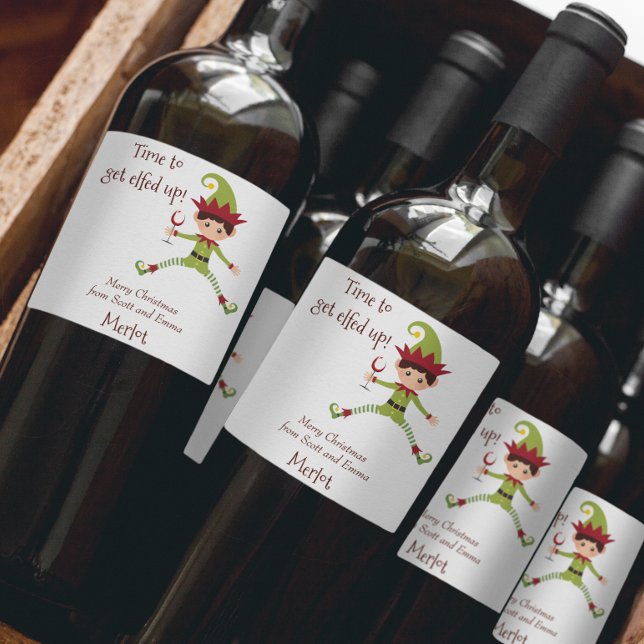 Funny Elf Christmas Elfed Up Wine Wine Label (Creator Uploaded)