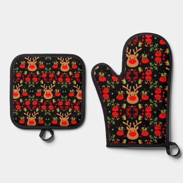 Funny Elf Christmas Wrapping Oven Mitt & Pot Holder Set (Front)