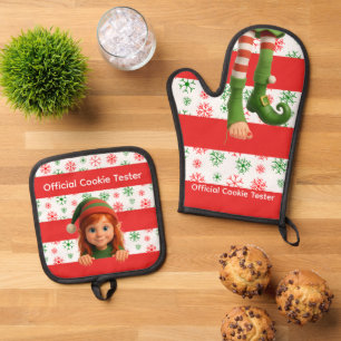 Funny Elf Faces & Legs   North Pole Fun Christmas  Oven Mitt & Pot Holder Set