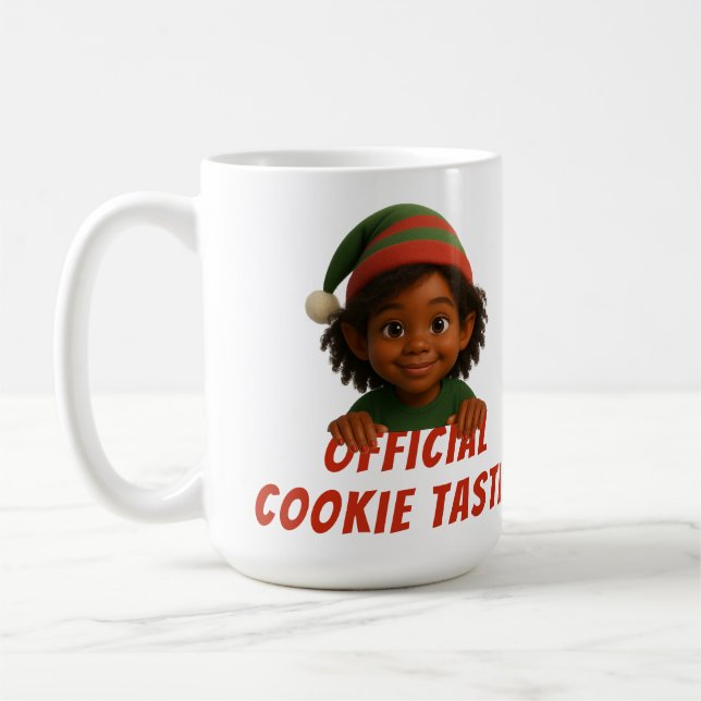 Funny Elf Faces | Official Cookie Tester Christmas Coffee Mug (Left)
