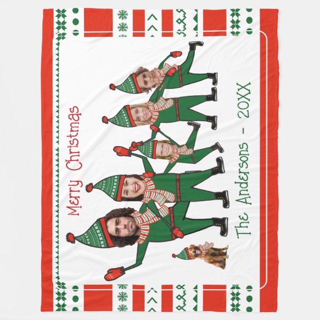 Funny Elf Family of Five Dog Red Green Christmas Fleece Blanket (Front)
