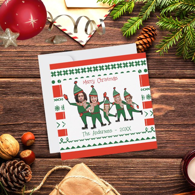 Funny Elf Family of Five Photo Red Green Christmas Holiday Card (Creator Uploaded)