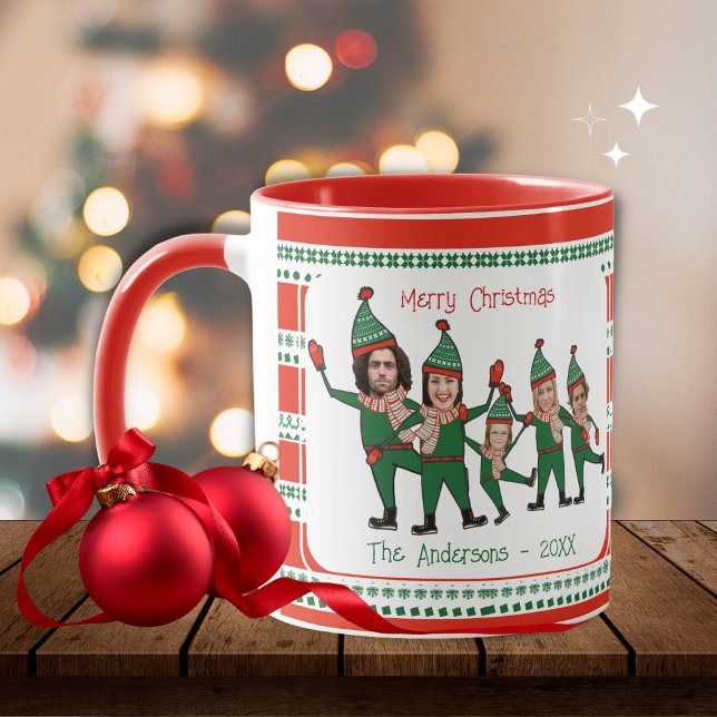 Funny Elf Family of Five Photo Red Green Christmas Mug (Creator Uploaded)