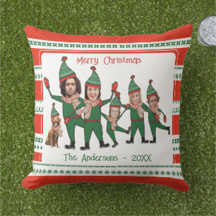 Funny Elf Family of Five with Dog Red Holiday Cushion