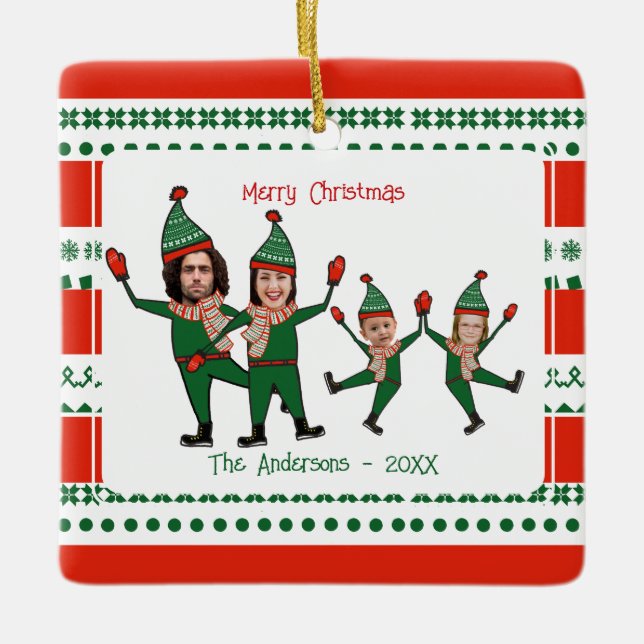 Funny Elf Family of Four Photo Red Green Christmas Ceramic Ornament (Front)