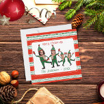 Funny Elf Family of Four Photo Red Green Christmas Holiday Card<br><div class="desc">Funny Elf family of four dancing, on a very festive green and red holiday pattern as background. Customise Merry Christmas typography and personalise with family name and year. Upload a cropped photo of your face, a no background or white background photo (passport style photo works best) Placeholder photo credit, Rameez...</div>