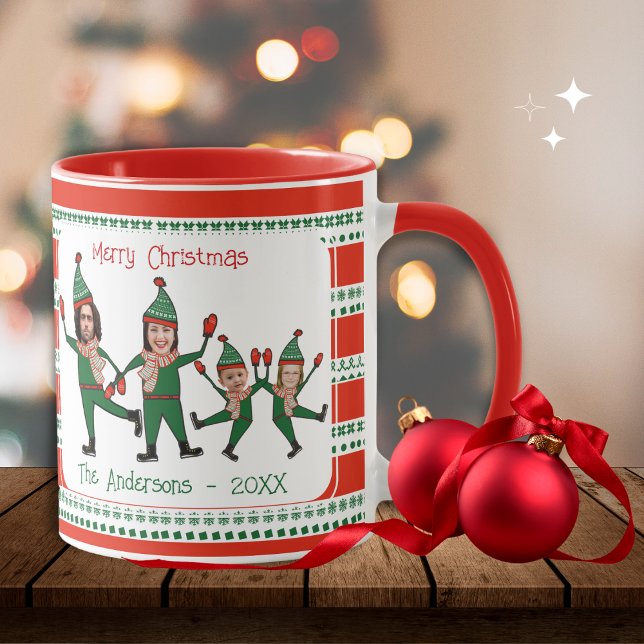 Funny Elf Family of Four Photo Red Green Christmas Mug (Creator Uploaded)