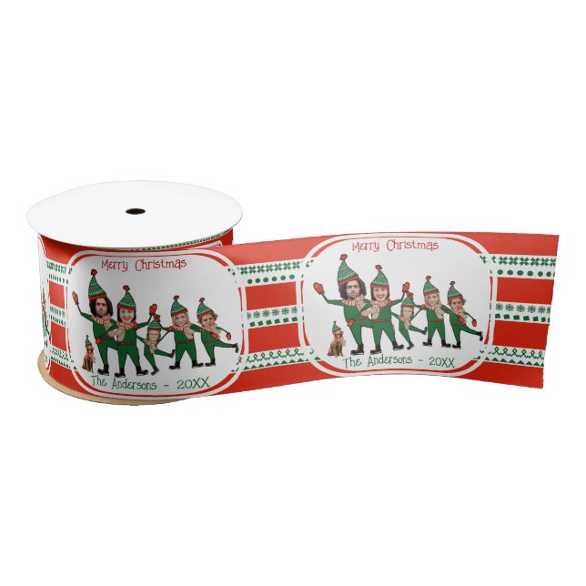Funny Elf Family of Six with Dog Red & Green Chris Satin Ribbon (Spool)