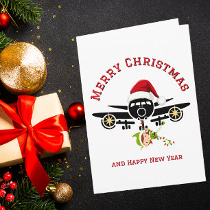 Funny Elf jumping on Airplane & Photo Custom Xmas Card