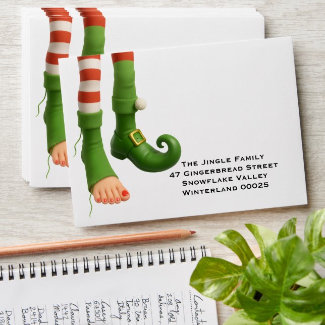 Funny Elf Legs Holiday Card | North Pole Mischief  Envelope (Stacked)