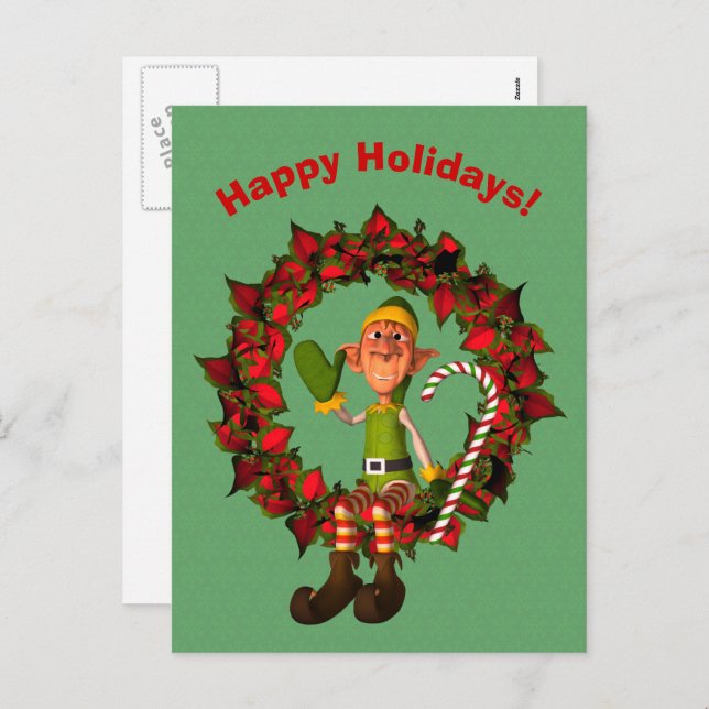 Funny Elf On Wreath Christmas Holiday Postcard (Front/Back)