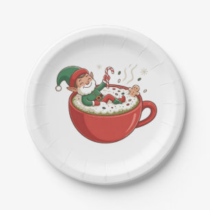 Funny Elf Taking Bathub on Matcha Drink  Paper Plate