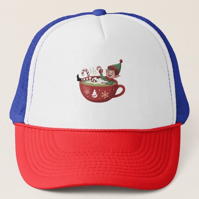 Funny Elf Taking Matcha Bathub Christmas Trucker Hat (Front)