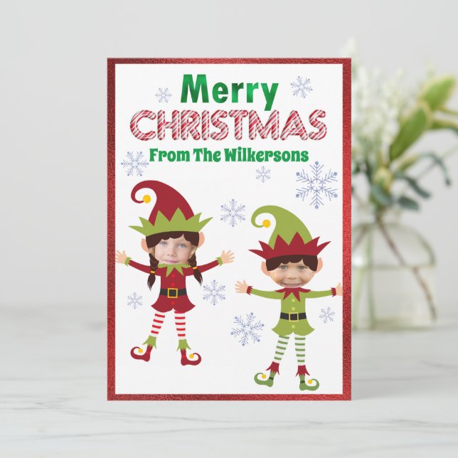 Funny Elves Custom Kids Photos Merry Christmas Holiday Card (Standing Front)