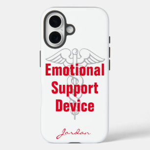 Funny Emotional Support Device with Name White iPhone 16 Case