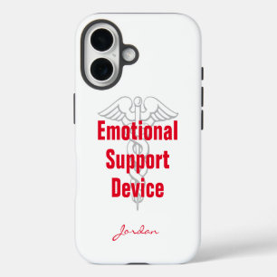 Funny Emotional Support Device with Name White iPhone 16 Case