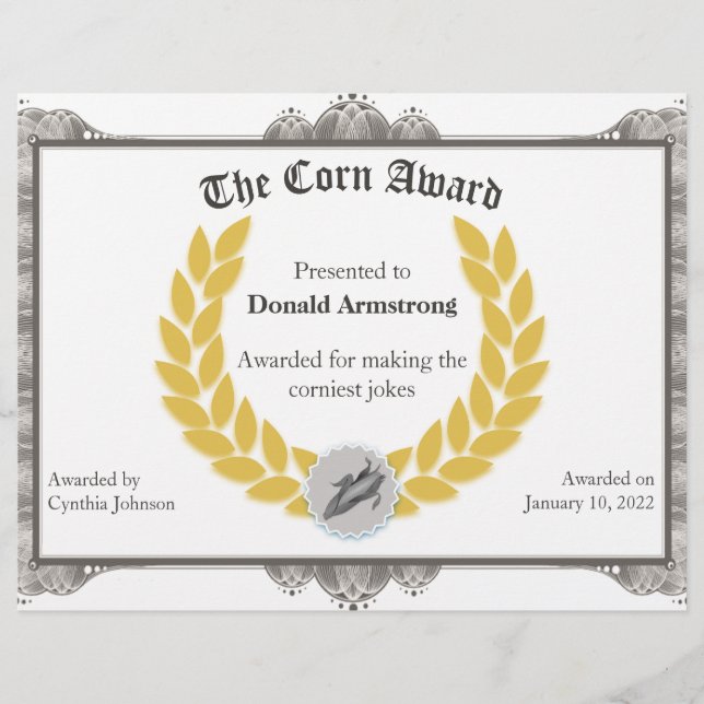 Funny Employee Award -  Corn (Front)