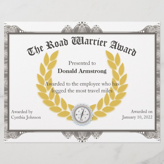 Funny Employee Award -  Road Warrier (Front)