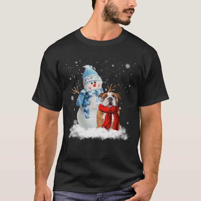 Funny English Bulldog Christmas Snowman Christmas T-Shirt (Front)