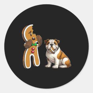 Funny English Bulldog Dog Biting Gingerbread Merry Classic Round Sticker