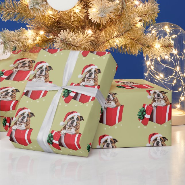 Funny English Bulldog Dog Tree Christmas Lights  Wrapping Paper (Holidays)