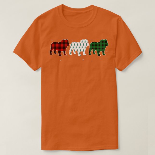 Funny English Bulldog Red Plaid Christmas Tree Dog T-Shirt (Design Front)