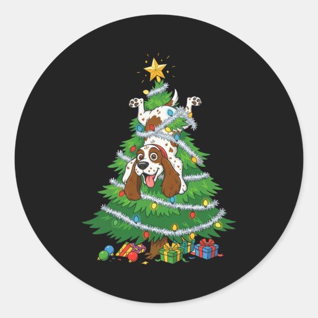 Funny English Springer Spaniel Dog Christmas Tree  Classic Round Sticker (Front)
