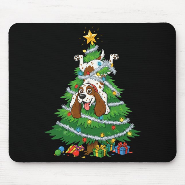 Funny English Springer Spaniel Dog Christmas Tree  Mouse Pad (Front)