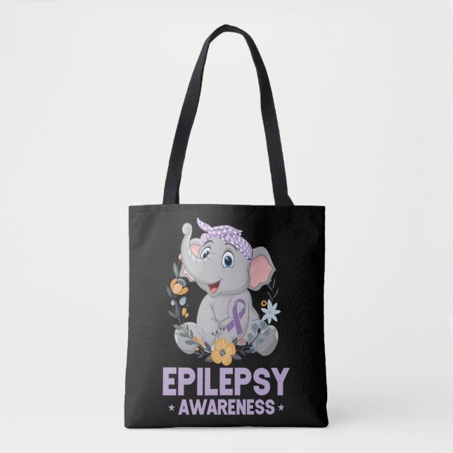 Funny Epilepsy Awareness Flower Elephant Ribbon Tote Bag (Front)