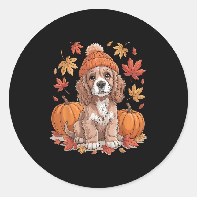 Funny Er Spaniel Fall Scarf Autumn Leaves Dog Love Classic Round Sticker (Front)