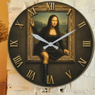 Funny Escaping Mona Lisa Stepping Out of the Frame Large Clock