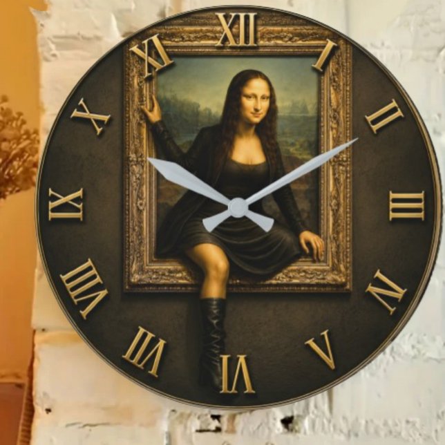 Funny Escaping Mona Lisa Stepping Out of the Frame Large Clock (Creator Uploaded)