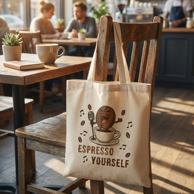 Funny Espresso Yourself Singing Coffee Bean Pun Tote Bag (Creator Uploaded)