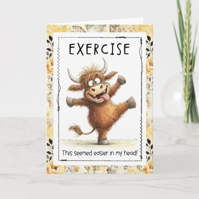 Funny Exercise Highland Cow Greeting Card (Front)