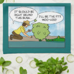 Funny  Extreme Cache Geocaching Gift Custom Tea Towel<br><div class="desc">This funny geocaching design has a cartoon with a geocacher reaching and saying, "It should be behind this bush. I'll be the FTF. Woo-hoo!" On the other side of the bush is a smiling alligator. Add your custom name or text in the template to personalise, or delete it. Click customise...</div>