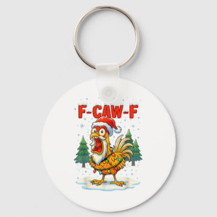 Funny F-caw-f Christmas Chicken Xmas Lights Santa Key Ring