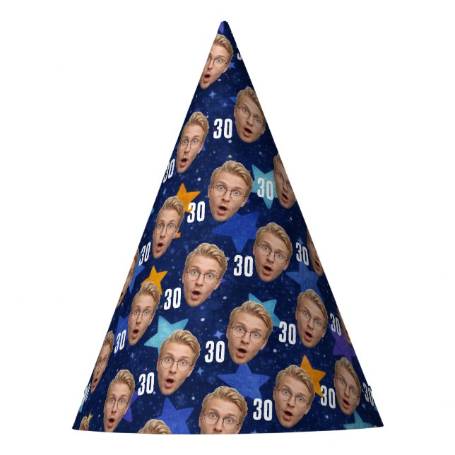 Funny Face Custom Photo Blue Stars Party Hat (Front)