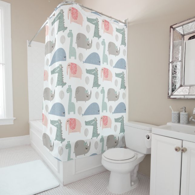 Funny Face Cute Doodle Animal Pattern Shower Curtain (In Situ)