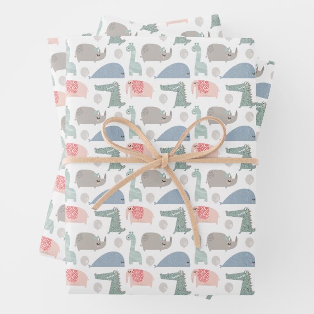 Funny Face Cute Doodle Animal Pattern Wrapping Paper Sheet (In situ)