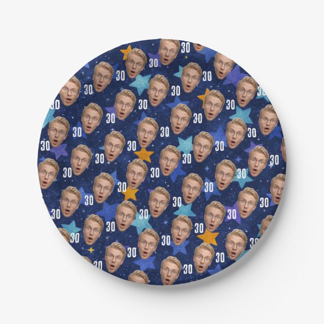 Funny Face Personalized Photo Blue Party Paper Plate (Front)