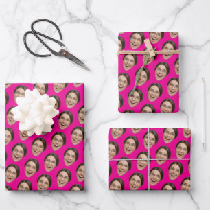 Funny Face Pink Custom Photo Birthday Wrapping Paper Sheet