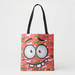 Funny face smiling colourful pattern pink orange tote bag