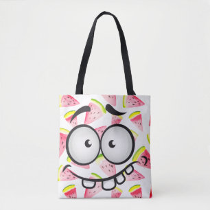 Funny face smiling colourful pattern watermelon tote bag