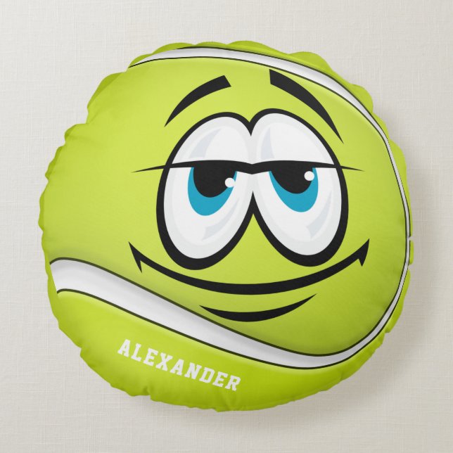Funny Face Tennis Ball Create your own player Name Round Cushion (Front)