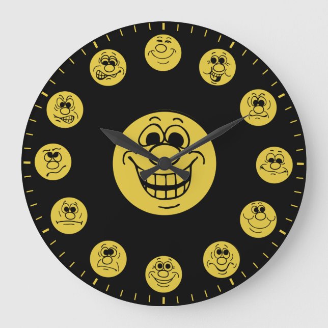 Funny Faces & Expressions in Gold Emoji's Large Clock (Front)
