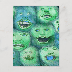 Funny Faces. Fun Cartoon Monsters. Green. Postcard