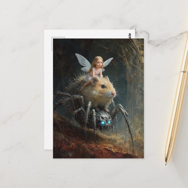 Funny Fairy Rides a Hamster Riding a Spider Postcard (Front/Back In Situ)