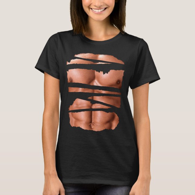 Funny Fake Muscles Fitness Model Chest Six Pack Ab T-Shirt (Front)