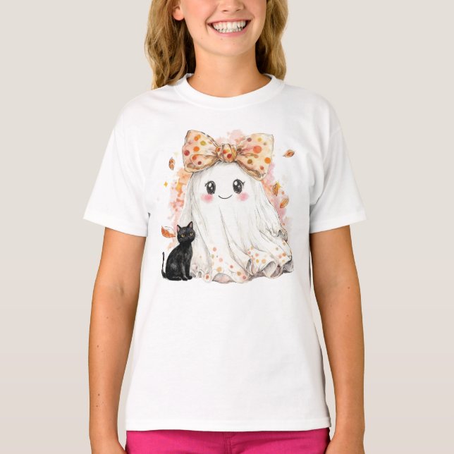 Funny Fall Ghost Holding Black cat Halloween T-Shirt (Front)
