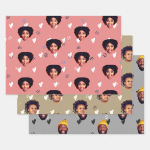 Funny Family Faces and Hearts over Dusty colours Wrapping Paper Sheet